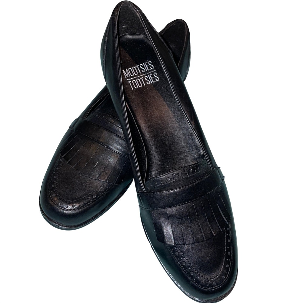 Mootsies Tootsies Loafers Women 8.5 Black Kiltie Fringe Leather Preppy Morollup